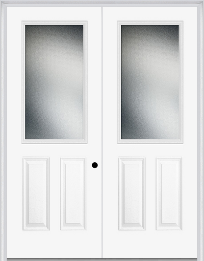 MMI TWIN/DOUBLE 1/2 LITE 2 PANEL 6'0" X 8'0" FIBERGLASS SMOOTH TEXTURED/PRIVACY GLASS EXTERIOR PREHUNG DOOR 906