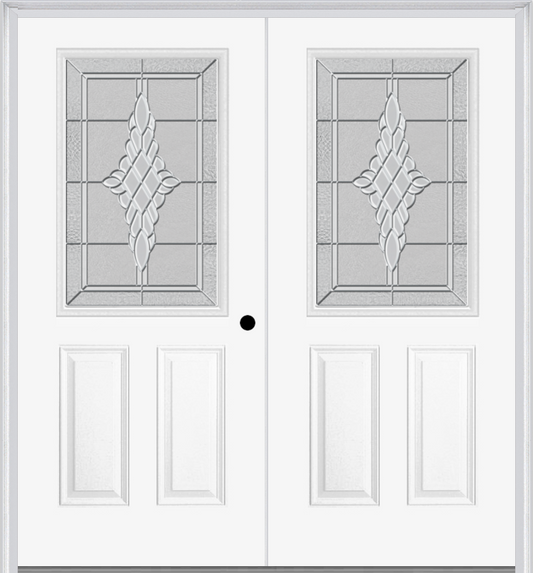 MMI TWIN/DOUBLE 1/2 LITE 2 PANEL 6'8" FIBERGLASS SMOOTH GRACE NICKEL OR GRACE PATINA DECORATIVE GLASS EXTERIOR PREHUNG DOOR 684