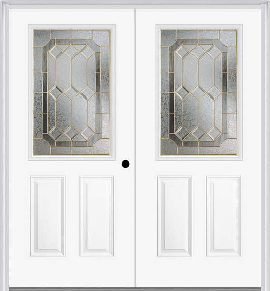 MMI TWIN/DOUBLE 1/2 LITE 2 PANEL 6'8" FIBERGLASS SMOOTH MAJESTIC BRASS OR MAJESTIC NICKEL DECORATIVE GLASS EXTERIOR PREHUNG DOOR 684