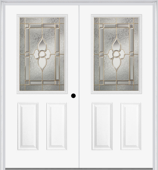 MMI TWIN/DOUBLE 1/2 LITE 2 PANEL 6'8" FIBERGLASS SMOOTH NOUVEAU BRASS, NOUVEAU NICKEL, OR NOUVEAU PATINA DECORATIVE GLASS EXTERIOR PREHUNG DOOR 684