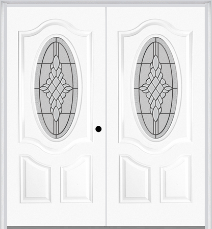 MMI TWIN/DOUBLE SMALL OVAL 2 PANEL DELUXE 6'8" FIBERGLASS SMOOTH GRACE NICKEL OR GRACE PATINA DECORATIVE GLASS EXTERIOR PREHUNG DOOR 749