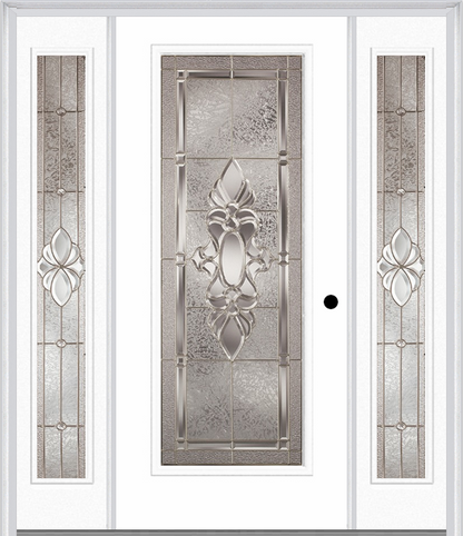 MMI FULL LITE 6'8" FIBERGLASS SMOOTH HEIRLOOMS BRASS OR HEIRLOOMS SATIN NICKEL EXTERIOR PREHUNG DOOR WITH 2 FULL LITE HEIRLOOMS BRASS/SATIN NICKEL DECORATIVE GLASS SIDELIGHTS 686