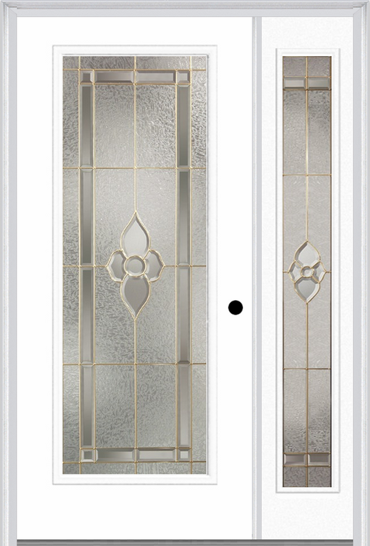 MMI FULL LITE 3'0" X 6'8" FIBERGLASS SMOOTH NOUVEAU BRASS, NOUVEAU NICKEL, OR NOUVEAU PATINA EXTERIOR PREHUNG DOOR WITH 1 FULL LITE NOUVEAU BRASS, NICKEL, OR PATINA DECORATIVE GLASS SIDELIGHT 686