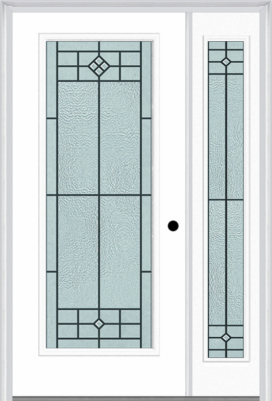 MMI FULL LITE 6'8" FIBERGLASS SMOOTH BEAUFORT PATINA EXTERIOR PREHUNG DOOR WITH 1 FULL LITE BEAUFORT PATINA DECORATIVE GLASS SIDELIGHT 686