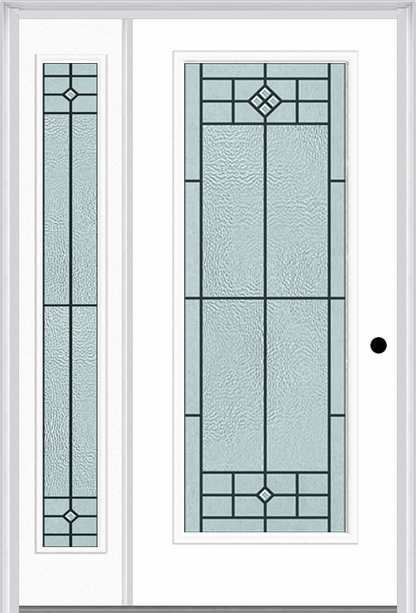 MMI FULL LITE 6'8" FIBERGLASS SMOOTH BEAUFORT PATINA EXTERIOR PREHUNG DOOR WITH 1 FULL LITE BEAUFORT PATINA DECORATIVE GLASS SIDELIGHT 686