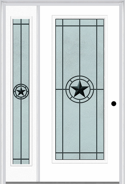 MMI FULL LITE 6'8" FIBERGLASS SMOOTH ELEGANT STAR WROUGHT IRON EXTERIOR PREHUNG DOOR WITH 1 FULL LITE ELEGANT STAR WROUGHT IRON DECORATIVE GLASS SIDELIGHT 686