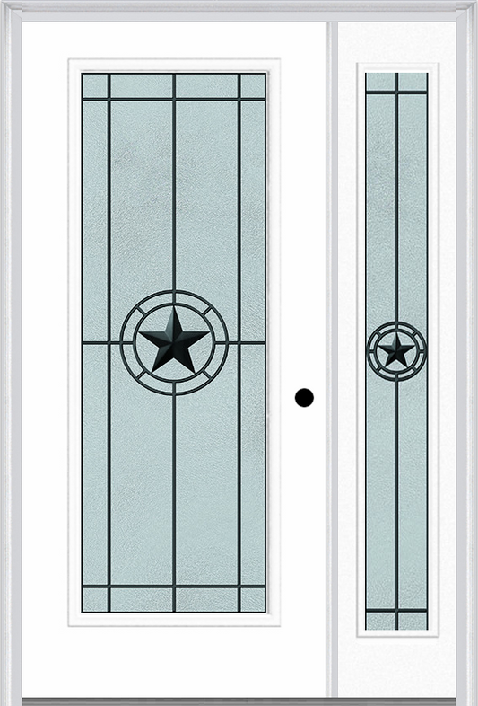 MMI FULL LITE 6'8" FIBERGLASS SMOOTH ELEGANT STAR WROUGHT IRON EXTERIOR PREHUNG DOOR WITH 1 FULL LITE ELEGANT STAR WROUGHT IRON DECORATIVE GLASS SIDELIGHT 686