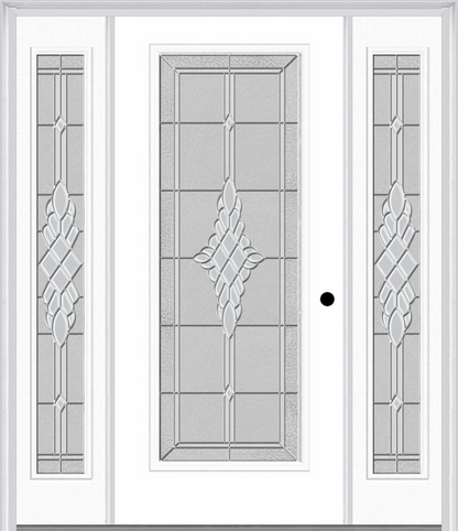 MMI FULL LITE 6'8" FIBERGLASS SMOOTH GRACE NICKEL OR GRACE PATINA EXTERIOR PREHUNG DOOR WITH 2 FULL LITE GRACE NICKEL/PATINA DECORATIVE GLASS SIDELIGHTS 686