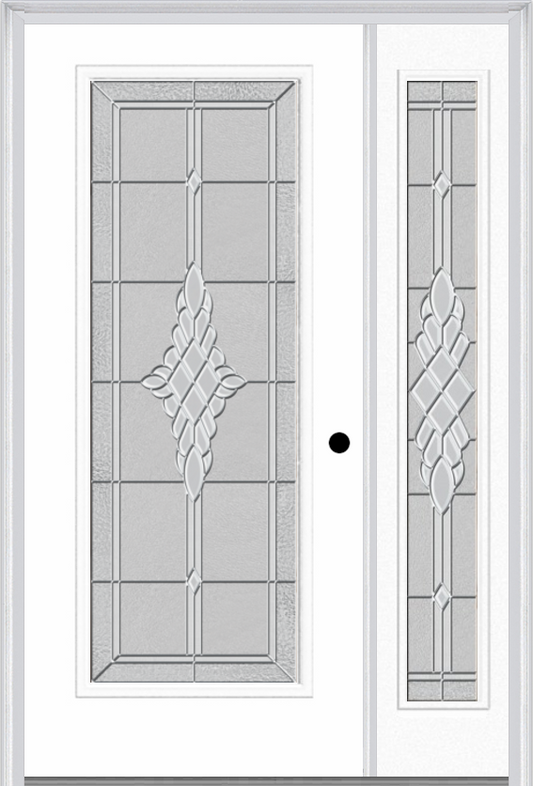 MMI FULL LITE 3'0" X 6'8" FIBERGLASS SMOOTH GRACE NICKEL OR GRACE PATINA EXTERIOR PREHUNG DOOR WITH 1 FULL LITE GRACE NICKEL/PATINA DECORATIVE GLASS SIDELIGHT 686