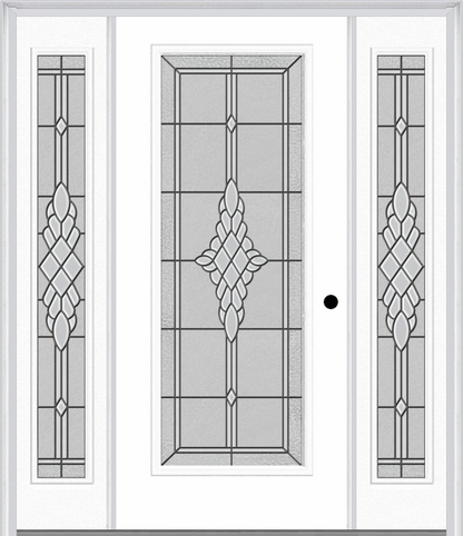 MMI FULL LITE 6'8" FIBERGLASS SMOOTH GRACE NICKEL OR GRACE PATINA EXTERIOR PREHUNG DOOR WITH 2 FULL LITE GRACE NICKEL/PATINA DECORATIVE GLASS SIDELIGHTS 686