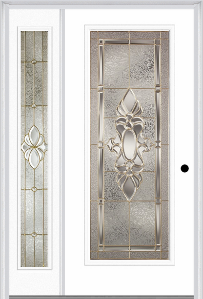 MMI FULL LITE 3'0" X 6'8" FIBERGLASS SMOOTH HEIRLOOMS BRASS OR HEIRLOOMS SATIN NICKEL EXTERIOR PREHUNG DOOR WITH 1 FULL LITE HEIRLOOMS BRASS/SATIN NICKEL DECORATIVE GLASS SIDELIGHT 686