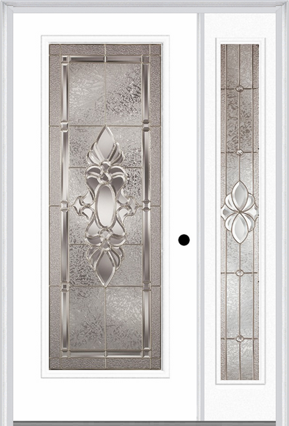 MMI FULL LITE 3'0" X 6'8" FIBERGLASS SMOOTH HEIRLOOMS BRASS OR HEIRLOOMS SATIN NICKEL EXTERIOR PREHUNG DOOR WITH 1 FULL LITE HEIRLOOMS BRASS/SATIN NICKEL DECORATIVE GLASS SIDELIGHT 686