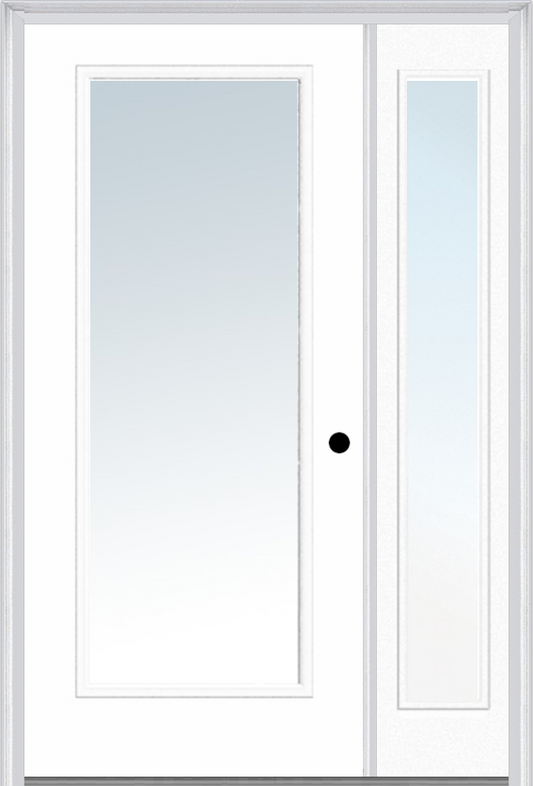 MMI FULL LITE 3'0" X 6'8" FIBERGLASS SMOOTH EXTERIOR PREHUNG DOOR WITH 1 FULL LITE CLEAR GLASS SIDELIGHT 59