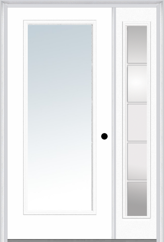 MMI FULL LITE 3'0" X 6'8" FIBERGLASS SMOOTH EXTERIOR PREHUNG DOOR WITH 1 FULL LITE GLASS SDL GRILLES SIDELIGHT 59