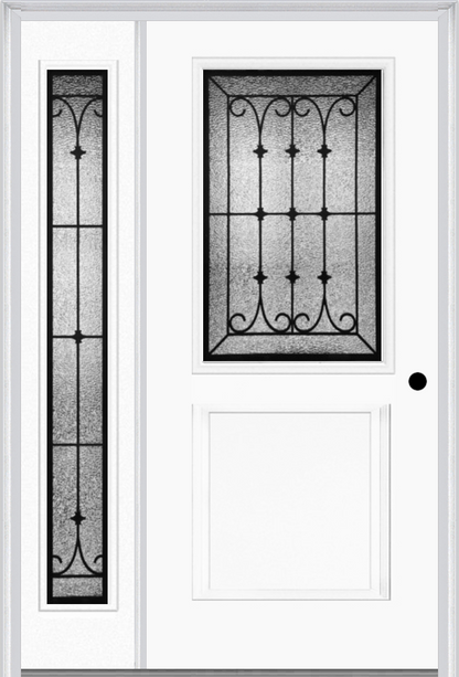 MMI 1/2 LITE 1 PANEL 6'8" FIBERGLASS SMOOTH CHATEAU WROUGHT IRON EXTERIOR PREHUNG DOOR WITH 1 FULL LITE CHATEAU WROUGHT IRON DECORATIVE GLASS SIDELIGHT 682