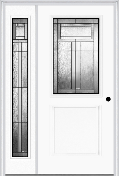 MMI 1/2 LITE 1 PANEL 6'8" FIBERGLASS SMOOTH ROYAL PATINA EXTERIOR PREHUNG DOOR WITH 1 FULL LITE ROYAL PATINA DECORATIVE GLASS SIDELIGHT 682