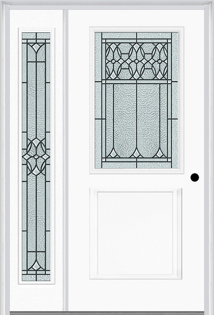 MMI 1/2 LITE 1 PANEL 6'8" FIBERGLASS SMOOTH SELWYN PATINA EXTERIOR PREHUNG DOOR WITH 1 FULL LITE SELWYN PATINA DECORATIVE GLASS SIDELIGHT 682