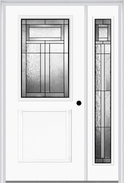 MMI 1/2 LITE 1 PANEL 6'8" FIBERGLASS SMOOTH ROYAL PATINA EXTERIOR PREHUNG DOOR WITH 1 FULL LITE ROYAL PATINA DECORATIVE GLASS SIDELIGHT 682