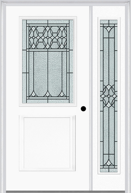 MMI 1/2 LITE 1 PANEL 6'8" FIBERGLASS SMOOTH SELWYN PATINA EXTERIOR PREHUNG DOOR WITH 1 FULL LITE SELWYN PATINA DECORATIVE GLASS SIDELIGHT 682