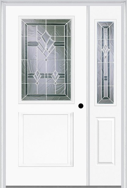 MMI 1/2 LITE 1 PANEL 6'8" FIBERGLASS SMOOTH RADIANT HUES NICKEL EXTERIOR PREHUNG DOOR WITH 1 HALF LITE RADIANT HUES NICKEL DECORATIVE GLASS SIDELIGHT 682