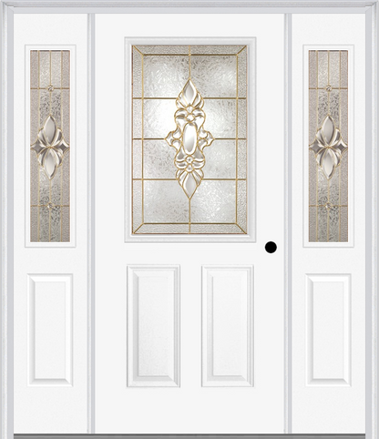 MMI 1/2 LITE 2 PANEL 6'8" FIBERGLASS SMOOTH HEIRLOOMS BRASS OR HEIRLOOMS SATIN NICKEL EXTERIOR PREHUNG DOOR WITH 2 HALF LITE HEIRLOOMS BRASS/SATIN NICKEL DECORATIVE GLASS SIDELIGHTS 684