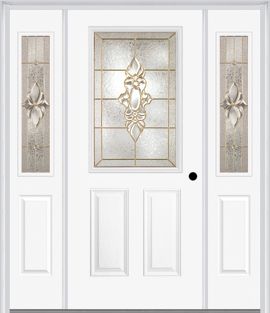 MMI 1/2 LITE 2 PANEL 6'8" FIBERGLASS SMOOTH HEIRLOOMS BRASS OR HEIRLOOMS SATIN NICKEL EXTERIOR PREHUNG DOOR WITH 2 HALF LITE HEIRLOOMS BRASS/SATIN NICKEL DECORATIVE GLASS SIDELIGHTS 684