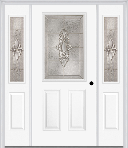 MMI 1/2 LITE 2 PANEL 6'8" FIBERGLASS SMOOTH HEIRLOOMS BRASS OR HEIRLOOMS SATIN NICKEL EXTERIOR PREHUNG DOOR WITH 2 HALF LITE HEIRLOOMS BRASS/SATIN NICKEL DECORATIVE GLASS SIDELIGHTS 684