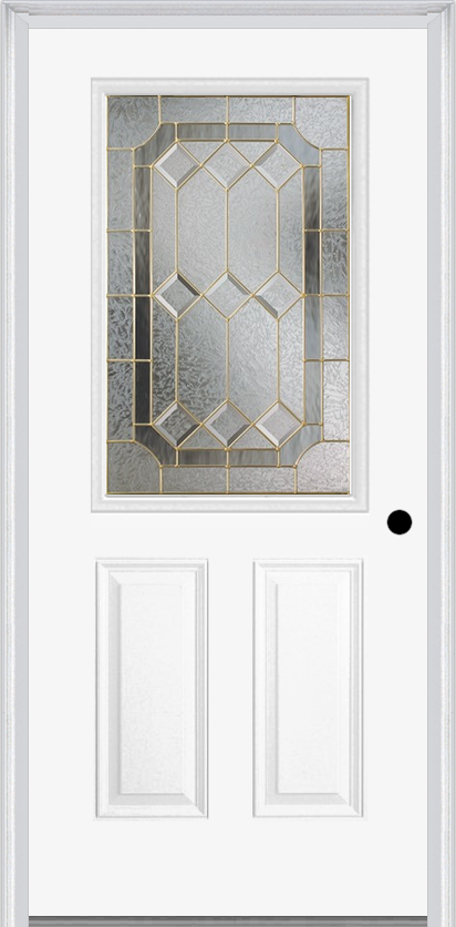 MMI 1/2 LITE 2 PANEL 6'8" FIBERGLASS SMOOTH MAJESTIC BRASS OR MAJESTIC NICKEL DECORATIVE GLASS EXTERIOR PREHUNG DOOR 684