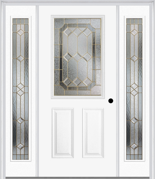 MMI 1/2 LITE 2 PANEL 6'8" FIBERGLASS SMOOTH MAJESTIC BRASS OR MAJESTIC NICKEL EXTERIOR PREHUNG DOOR WITH 2 FULL LITE MAJESTIC BRASS/NICKEL DECORATIVE GLASS SIDELIGHTS 684