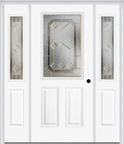 MMI 1/2 LITE 2 PANEL 6'8" FIBERGLASS SMOOTH MAJESTIC BRASS OR MAJESTIC NICKEL EXTERIOR PREHUNG DOOR WITH 2 HALF LITE MAJESTIC BRASS/NICKEL DECORATIVE GLASS SIDELIGHTS 684