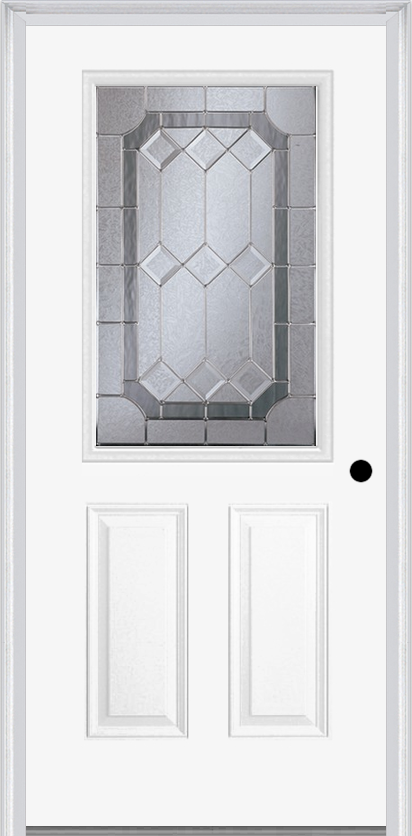 MMI 1/2 LITE 2 PANEL 6'8" FIBERGLASS SMOOTH MAJESTIC BRASS OR MAJESTIC NICKEL DECORATIVE GLASS EXTERIOR PREHUNG DOOR 684