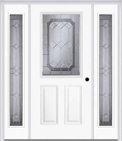 MMI 1/2 LITE 2 PANEL 6'8" FIBERGLASS SMOOTH MAJESTIC BRASS OR MAJESTIC NICKEL EXTERIOR PREHUNG DOOR WITH 2 FULL LITE MAJESTIC BRASS/NICKEL DECORATIVE GLASS SIDELIGHTS 684