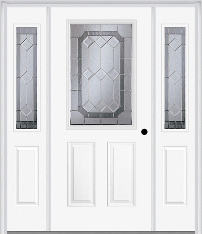 MMI 1/2 LITE 2 PANEL 6'8" FIBERGLASS SMOOTH MAJESTIC BRASS OR MAJESTIC NICKEL EXTERIOR PREHUNG DOOR WITH 2 HALF LITE MAJESTIC BRASS/NICKEL DECORATIVE GLASS SIDELIGHTS 684