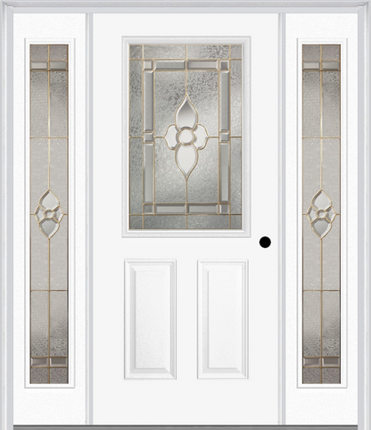 MMI 1/2 LITE 2 PANEL 6'8" FIBERGLASS SMOOTH NOUVEAU BRASS, NOUVEAU NICKEL, OR NOUVEAU PATINA EXTERIOR PREHUNG DOOR WITH 2 FULL LITE NOUVEAU BRASS/NICKEL/PATINA DECORATIVE GLASS SIDELIGHTS 684