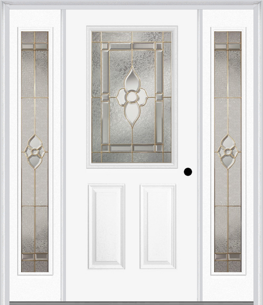 MMI 1/2 LITE 2 PANEL 6'8" FIBERGLASS SMOOTH NOUVEAU BRASS, NOUVEAU NICKEL, OR NOUVEAU PATINA EXTERIOR PREHUNG DOOR WITH 2 FULL LITE NOUVEAU BRASS/NICKEL/PATINA DECORATIVE GLASS SIDELIGHTS 684