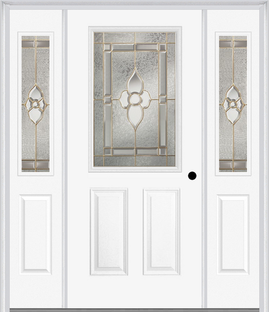 MMI 1/2 LITE 2 PANEL 6'8" FIBERGLASS SMOOTH NOUVEAU BRASS, NOUVEAU NICKEL, OR NOUVEAU PATINA EXTERIOR PREHUNG DOOR WITH 2 HALF LITE NOUVEAU BRASS/NICKEL/PATINA DECORATIVE GLASS SIDELIGHTS 684