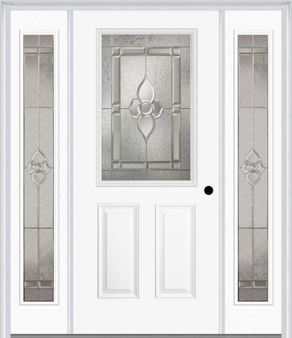 MMI 1/2 LITE 2 PANEL 6'8" FIBERGLASS SMOOTH NOUVEAU BRASS, NOUVEAU NICKEL, OR NOUVEAU PATINA EXTERIOR PREHUNG DOOR WITH 2 FULL LITE NOUVEAU BRASS/NICKEL/PATINA DECORATIVE GLASS SIDELIGHTS 684