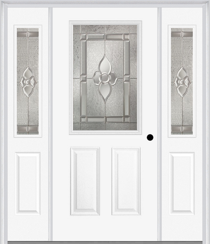 MMI 1/2 LITE 2 PANEL 6'8" FIBERGLASS SMOOTH NOUVEAU BRASS, NOUVEAU NICKEL, OR NOUVEAU PATINA EXTERIOR PREHUNG DOOR WITH 2 HALF LITE NOUVEAU BRASS/NICKEL/PATINA DECORATIVE GLASS SIDELIGHTS 684