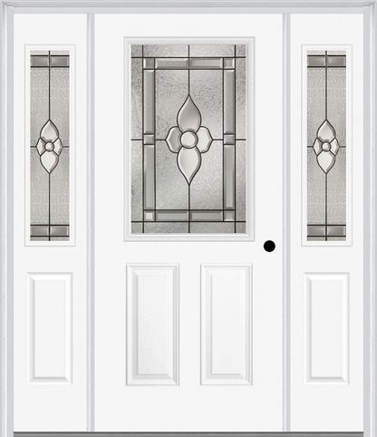 MMI 1/2 LITE 2 PANEL 6'8" FIBERGLASS SMOOTH NOUVEAU BRASS, NOUVEAU NICKEL, OR NOUVEAU PATINA EXTERIOR PREHUNG DOOR WITH 2 HALF LITE NOUVEAU BRASS/NICKEL/PATINA DECORATIVE GLASS SIDELIGHTS 684