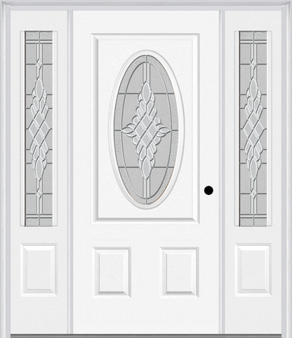 MMI SMALL OVAL 2 PANEL 6'8" FIBERGLASS SMOOTH GRACE NICKEL OR GRACE PATINA EXTERIOR PREHUNG DOOR WITH 2 GRACE NICKEL/PATINA 3/4 LITE DECORATIVE GLASS SIDELIGHTS 949