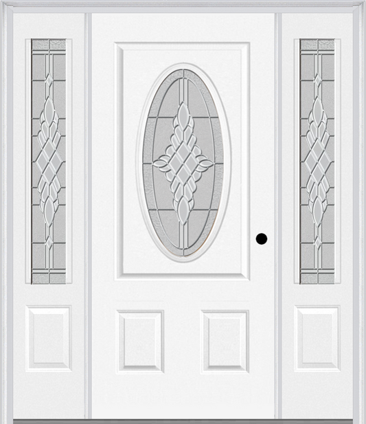 MMI SMALL OVAL 2 PANEL 6'8" FIBERGLASS SMOOTH GRACE NICKEL OR GRACE PATINA EXTERIOR PREHUNG DOOR WITH 2 GRACE NICKEL/PATINA 3/4 LITE DECORATIVE GLASS SIDELIGHTS 949