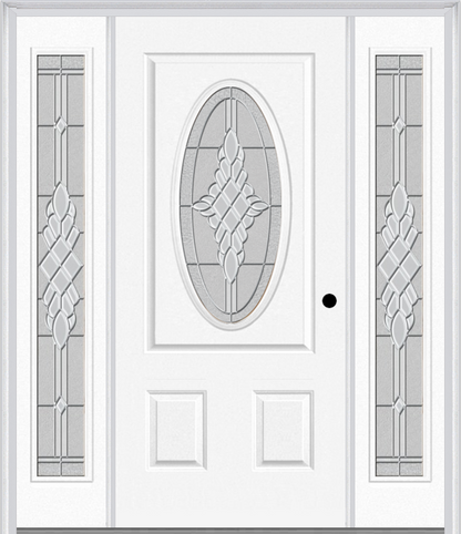 MMI SMALL OVAL 2 PANEL 6'8" FIBERGLASS SMOOTH GRACE NICKEL OR GRACE PATINA EXTERIOR PREHUNG DOOR WITH 2 FULL LITE GRACE NICKEL/PATINA DECORATIVE GLASS SIDELIGHTS 949