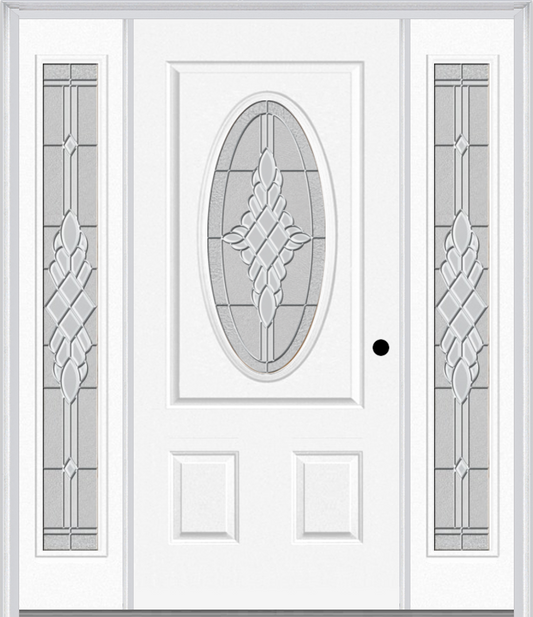 MMI SMALL OVAL 2 PANEL 6'8" FIBERGLASS SMOOTH GRACE NICKEL OR GRACE PATINA EXTERIOR PREHUNG DOOR WITH 2 FULL LITE GRACE NICKEL/PATINA DECORATIVE GLASS SIDELIGHTS 949