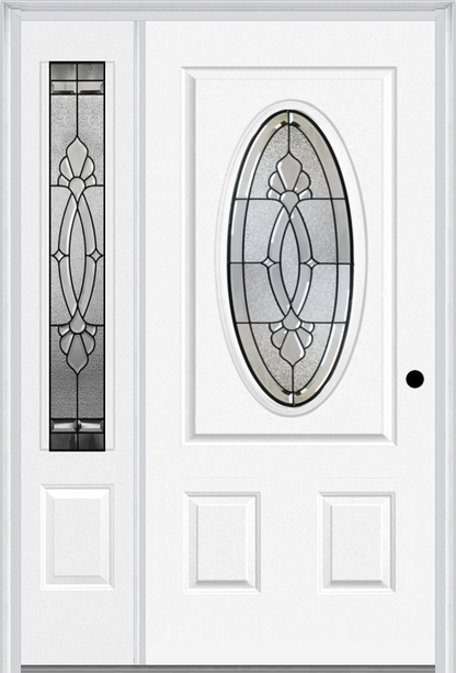 MMI SMALL OVAL 2 PANEL 3'0" X 6'8" FIBERGLASS SMOOTH BELAIRE PATINA EXTERIOR PREHUNG DOOR WITH 1 BELAIRE PATINA 3/4 LITE DECORATIVE GLASS SIDELIGHT 949