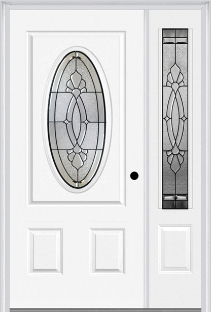 MMI SMALL OVAL 2 PANEL 3'0" X 6'8" FIBERGLASS SMOOTH BELAIRE PATINA EXTERIOR PREHUNG DOOR WITH 1 BELAIRE PATINA 3/4 LITE DECORATIVE GLASS SIDELIGHT 949