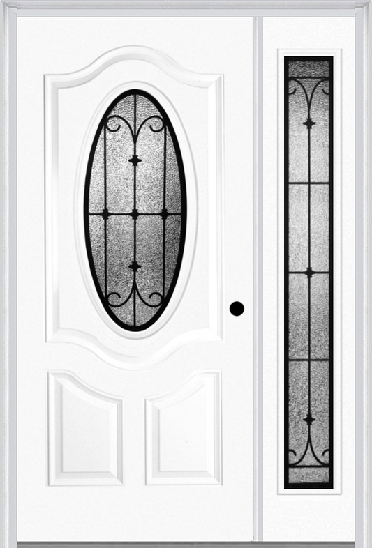 MMI SMALL OVAL 2 PANEL DELUXE 3'0" X 6'8" FIBERGLASS SMOOTH CHATEAU WROUGHT IRON EXTERIOR PREHUNG DOOR WITH 1 FULL LITE CHATEAU WROUGHT IRON DECORATIVE GLASS SIDELIGHT 749