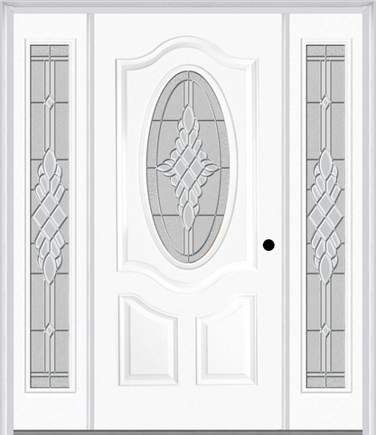 MMI SMALL OVAL 2 PANEL DELUXE 6'8" FIBERGLASS SMOOTH GRACE NICKEL OR GRACE PATINA EXTERIOR PREHUNG DOOR WITH 2 FULL LITE GRACE NICKEL/PATINA DECORATIVE GLASS SIDELIGHTS 749