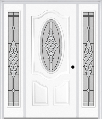 MMI SMALL OVAL 2 PANEL DELUXE 6'8" FIBERGLASS SMOOTH GRACE NICKEL OR GRACE PATINA EXTERIOR PREHUNG DOOR WITH 2 FULL LITE GRACE NICKEL/PATINA DECORATIVE GLASS SIDELIGHTS 749