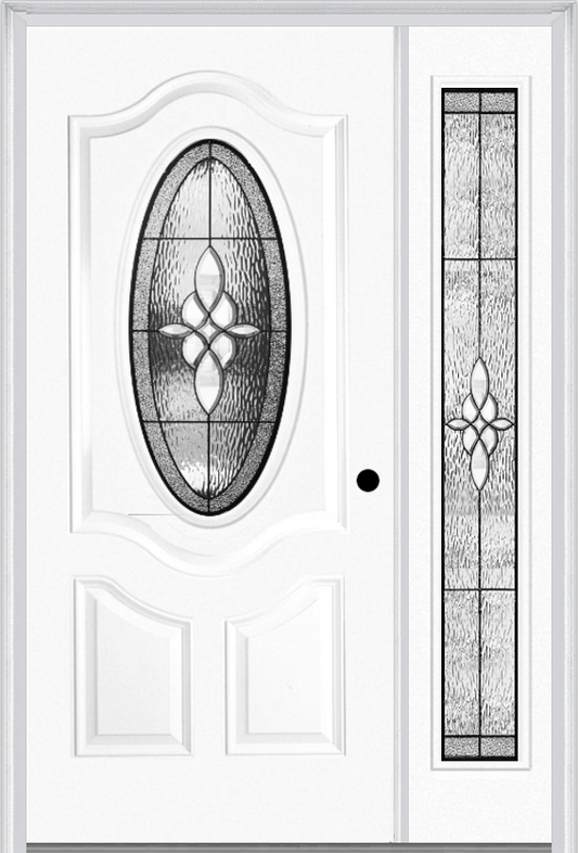 MMI SMALL OVAL 2 PANEL DELUXE 3'0" X 6'8" FIBERGLASS SMOOTH LUMIERE PATINA EXTERIOR PREHUNG DOOR WITH 1 FULL LITE LUMIERE PATINA DECORATIVE GLASS SIDELIGHT 749
