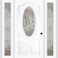 MMI SMALL OVAL 2 PANEL DELUXE 6'8" FIBERGLASS SMOOTH NOUVEAU BRASS, NOUVEAU NICKEL, OR NOUVEAU PATINA EXTERIOR PREHUNG DOOR WITH 2 FULL LITE NOUVEAU BRASS/NICKEL/PATINA DECORATIVE GLASS SIDELIGHTS 749